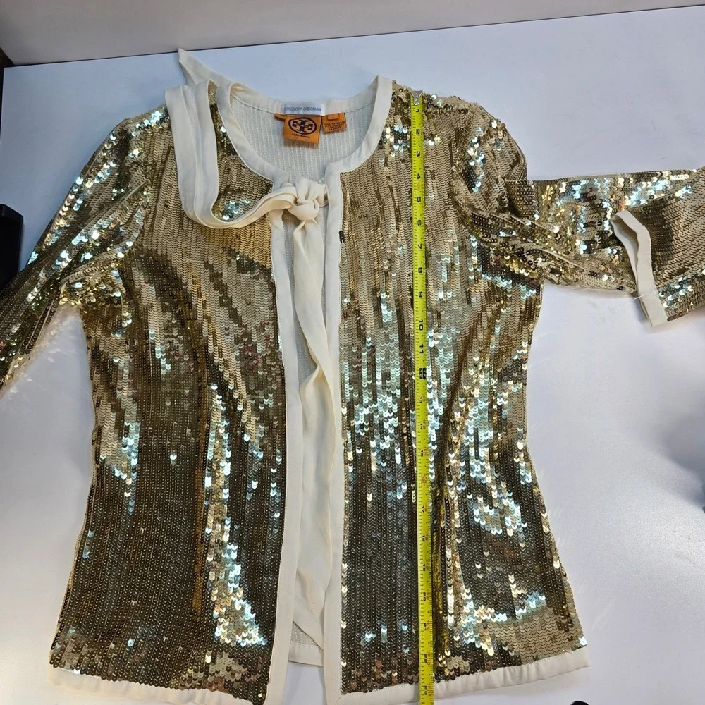 Tory Burch Bergdorf Goodman Gold Sequin Silk Tie Front Jacket Cardigan‎ Top SZ 4
